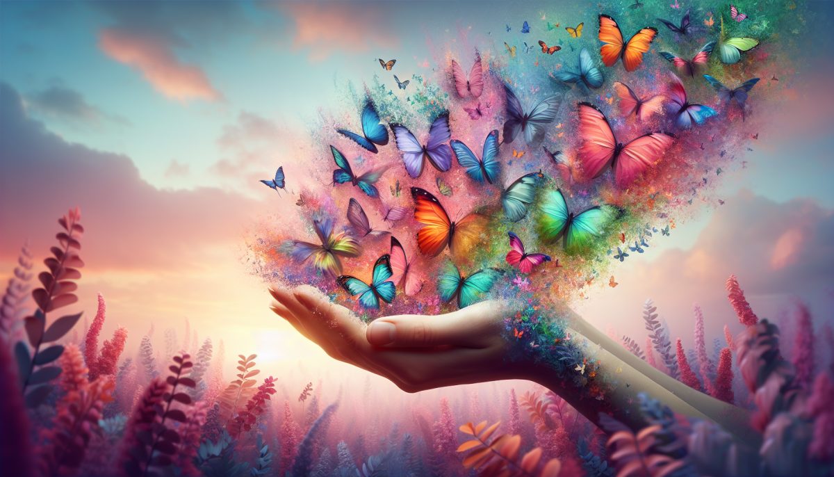Illustration of hands transforming into vibrant butterflies in a peaceful setting