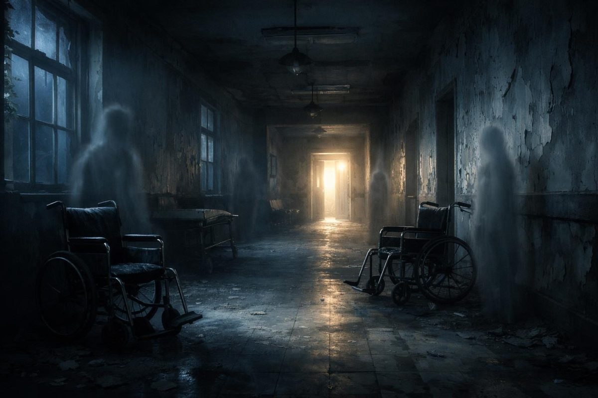 Symbolic illustration of a haunted hospital corridor with ghostly shapes and a glowing doorway