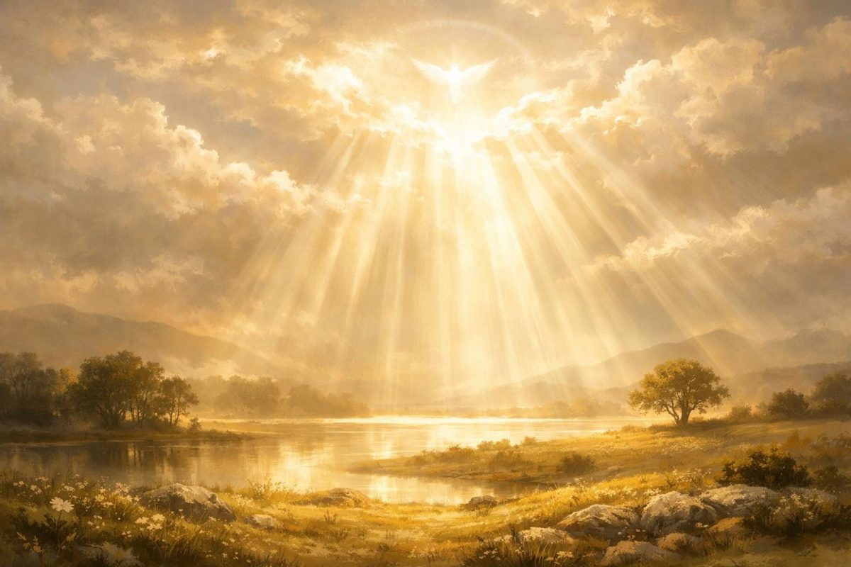 Radiant heavenly light shining through clouds over a peaceful landscape