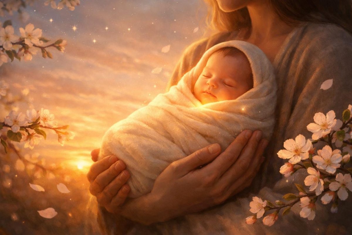 Symbolic illustration of a person gently holding a glowing baby in warm dawn light