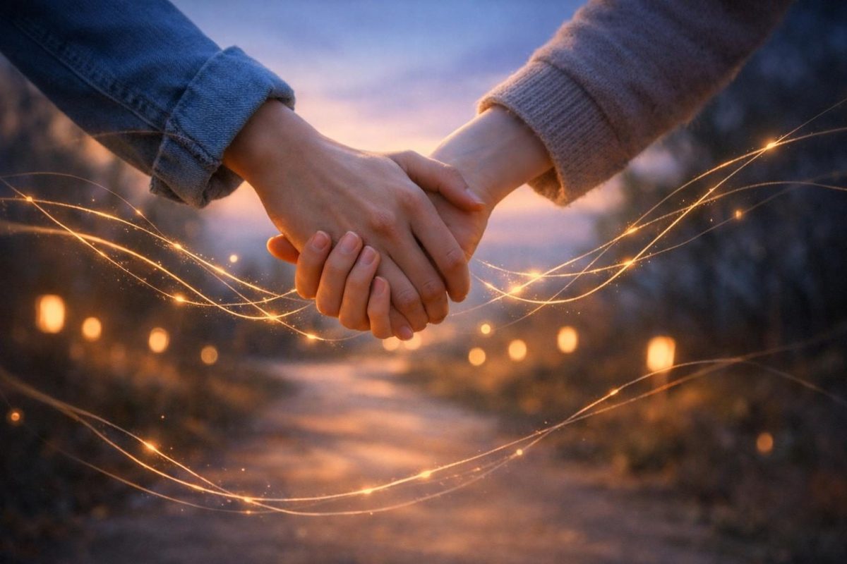 Symbolic illustration of two people holding hands on a softly lit path at twilight