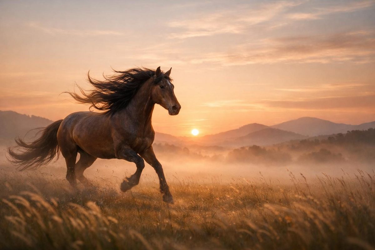 Symbolic illustration of a horse running freely across an open landscape at dawn