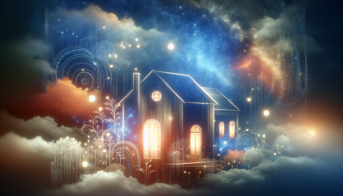 A dreamlike house with various rooms against a night sky.