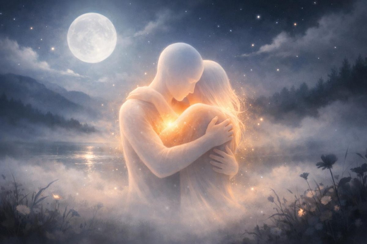 Symbolic illustration of two glowing figures hugging in a calm dreamlike night landscape