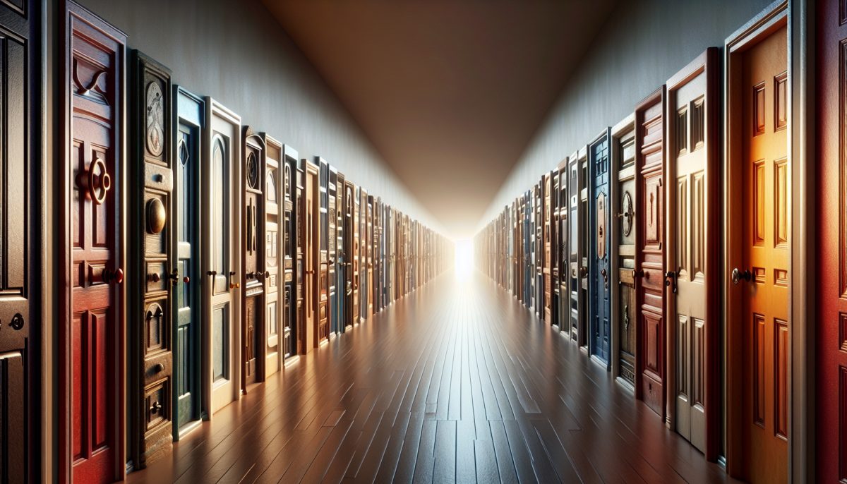 An endless hallway with multiple doors, symbolizing choices and possibilities.