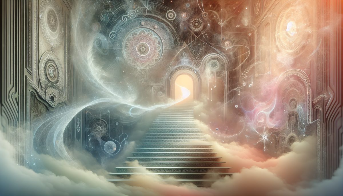 A mystical staircase disappearing into fog, representing dreams and the subconscious.