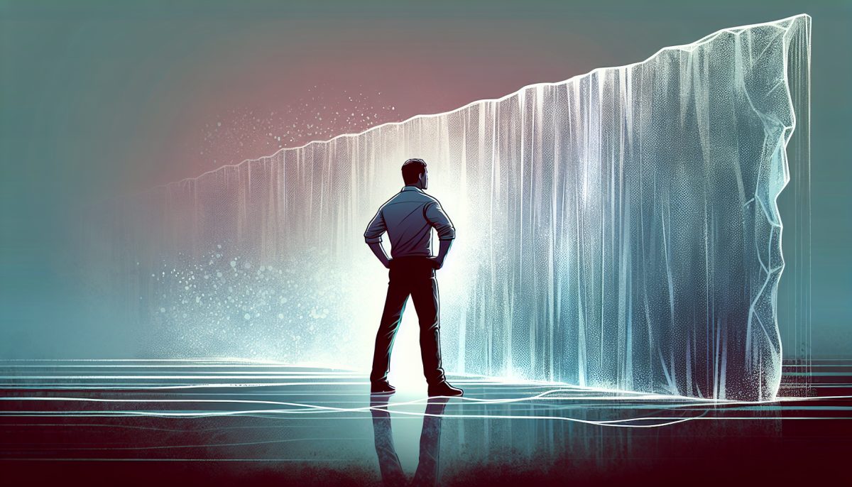 A person gazing at a translucent barrier, representing unseen challenges in life.