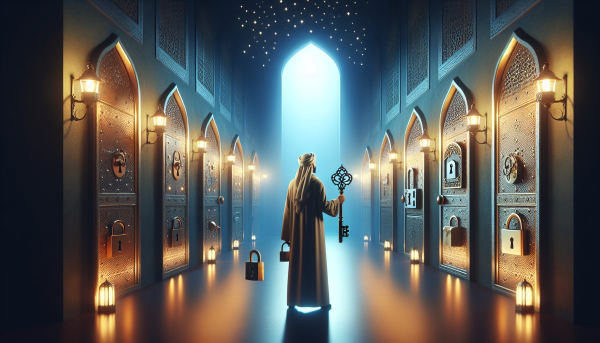 Symbolic illustration of a person holding a key that does not fit several locked doors in a dim hallway