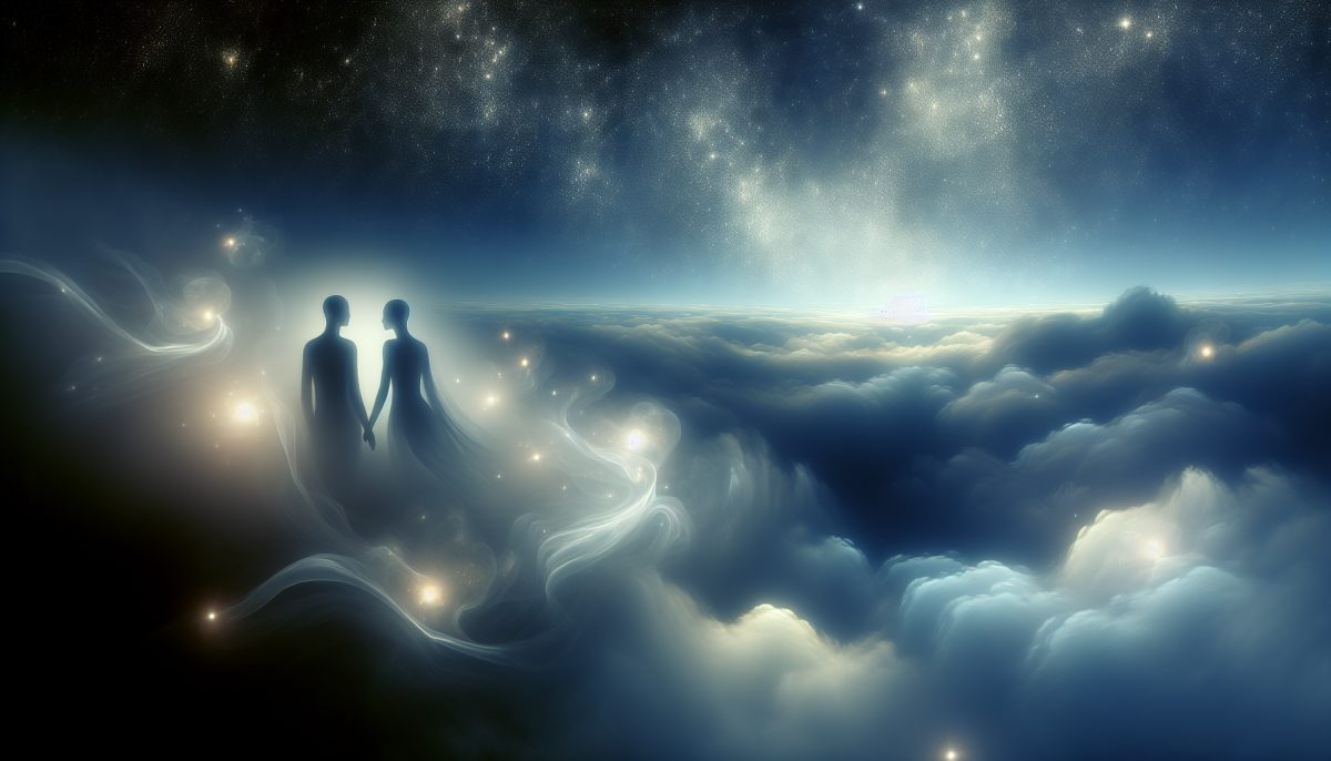 A dreamlike illustration of two silhouettes preparing to kiss amidst a celestial backdrop.