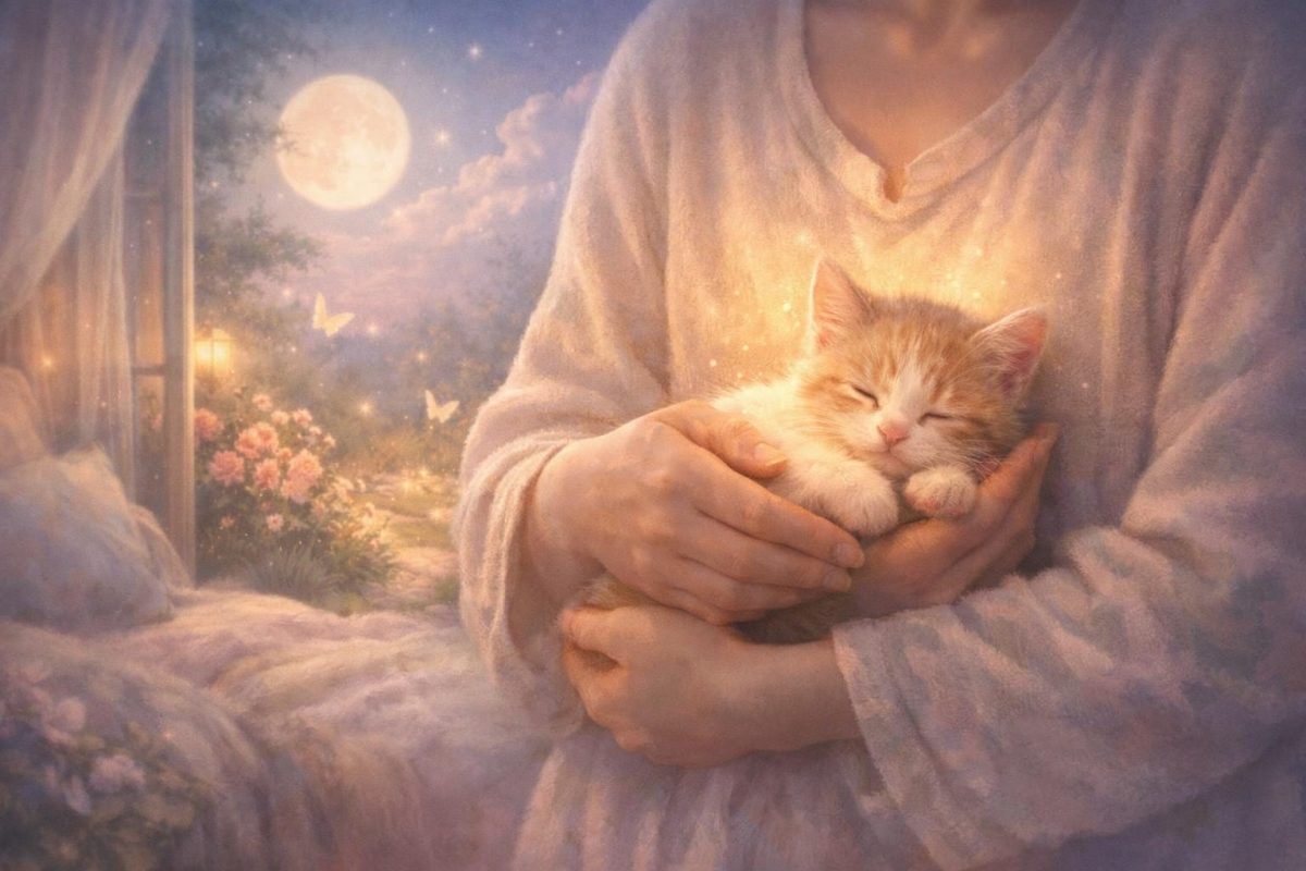 Symbolic illustration of a person holding a small kitten gently in their arms in a soft dreamlike setting