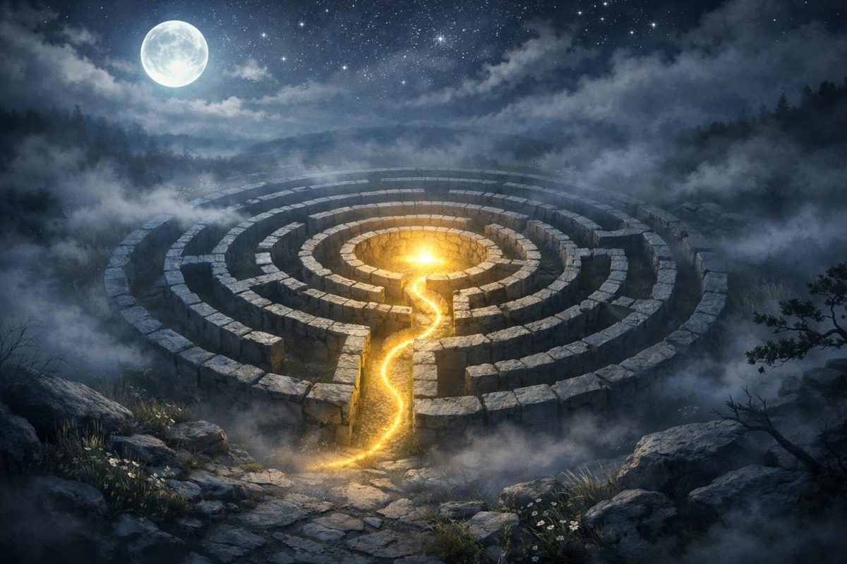 Symbolic illustration of a moonlit stone labyrinth with a glowing path leading to its center