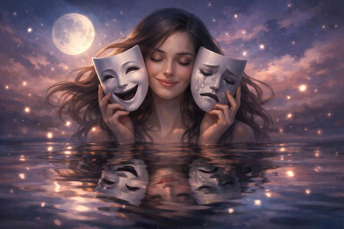 Symbolic dream illustration of a person moving from laughter to tears beneath a twilight sky with reflective water