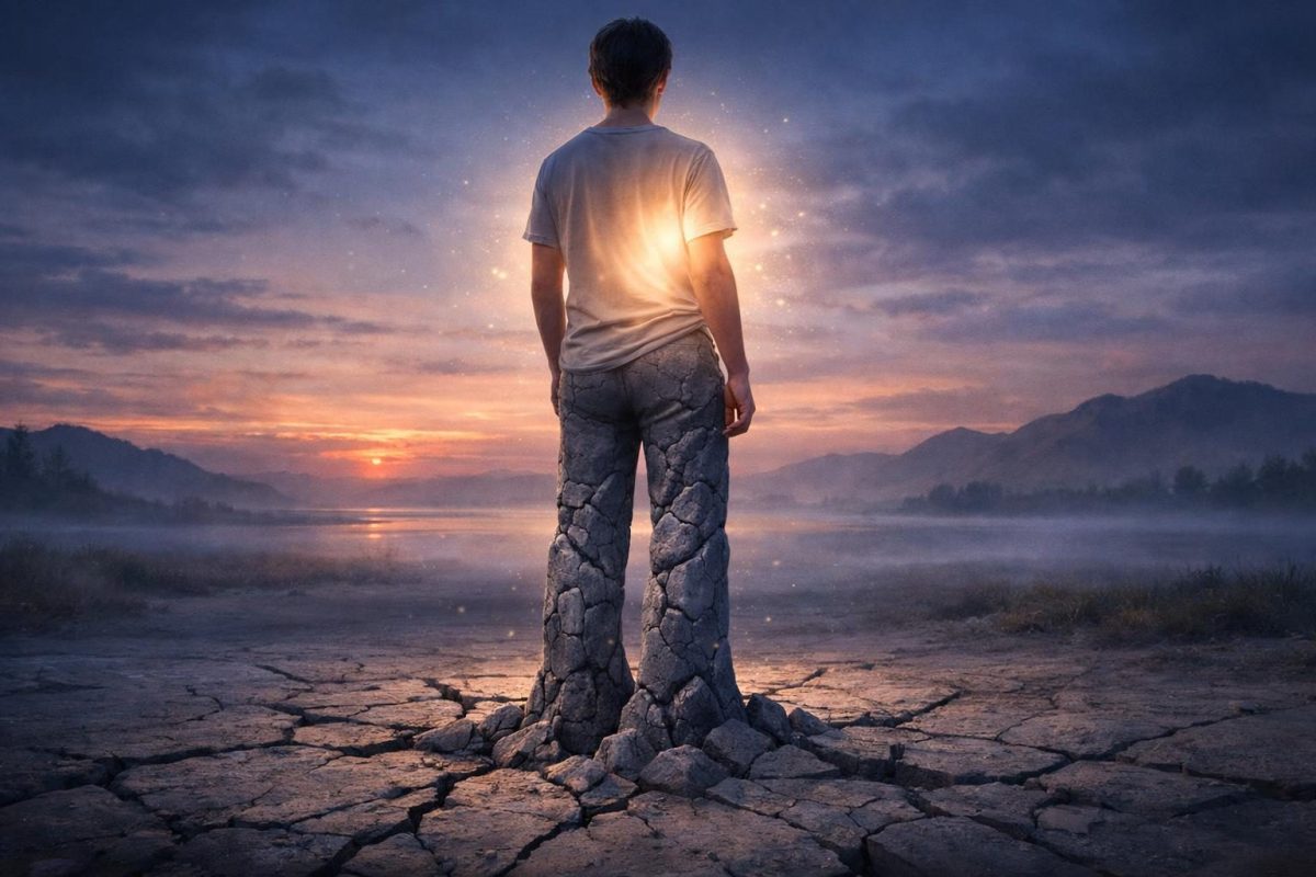 Symbolic illustration of a person whose legs are turning to stone while standing in a surreal twilight landscape