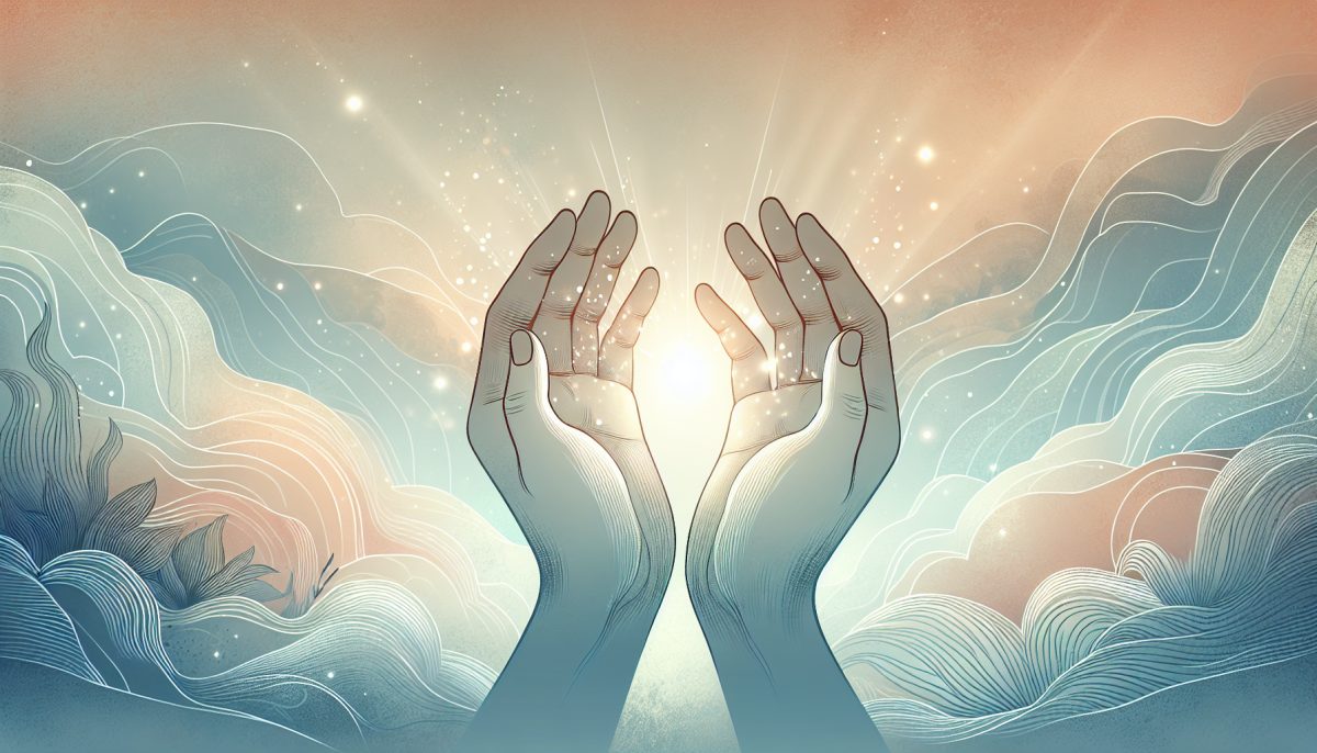 Illustration of hands glowing with light in a peaceful setting.