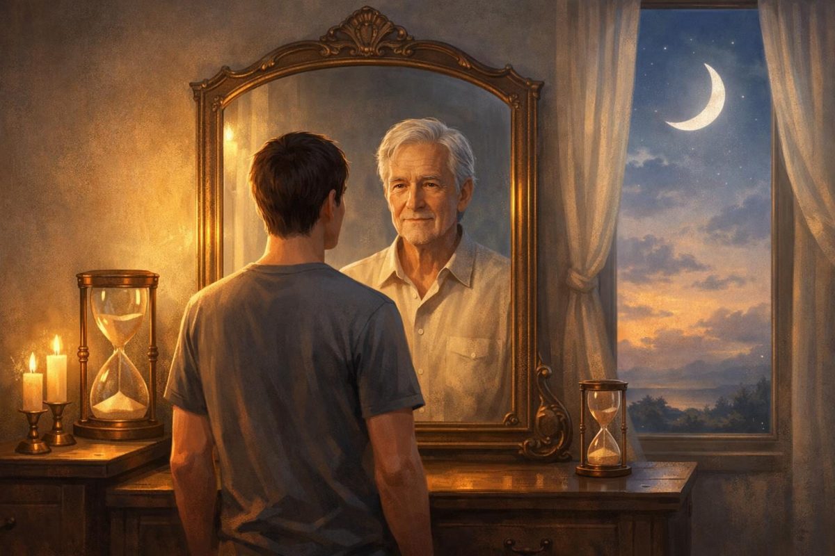 A person looking into a mirror and seeing an older version of themselves in a calm, symbolic scene.