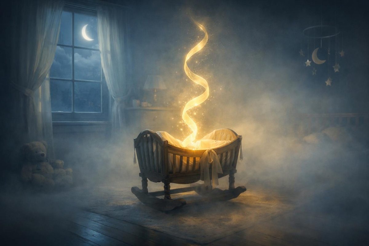 Symbolic illustration of a quiet nursery with a cradle and soft moonlight, representing the dream of losing a baby