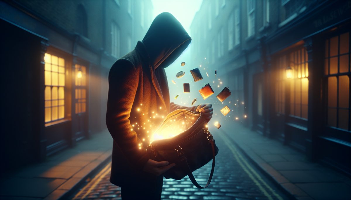 Symbolic illustration of a person discovering a missing purse or wallet on a dimly lit street
