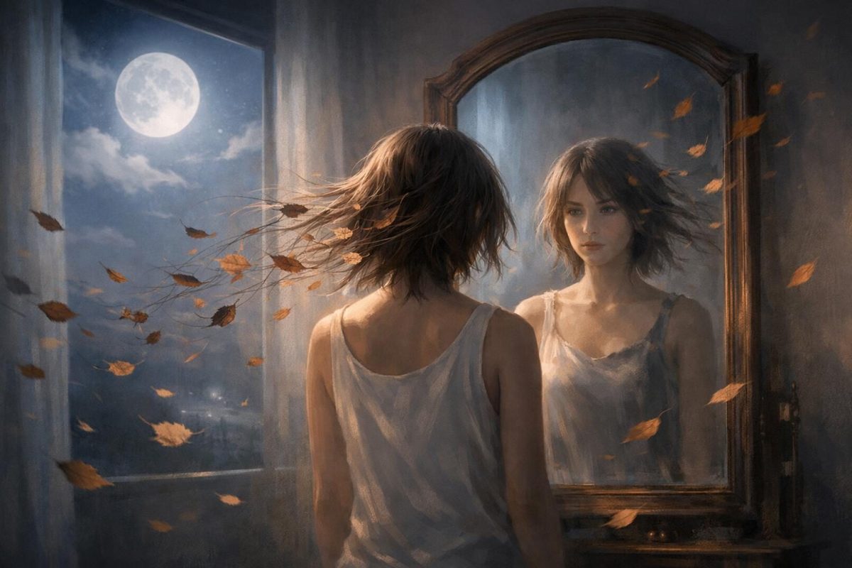Symbolic illustration of a person noticing hair drifting away in front of a mirror under soft moonlight