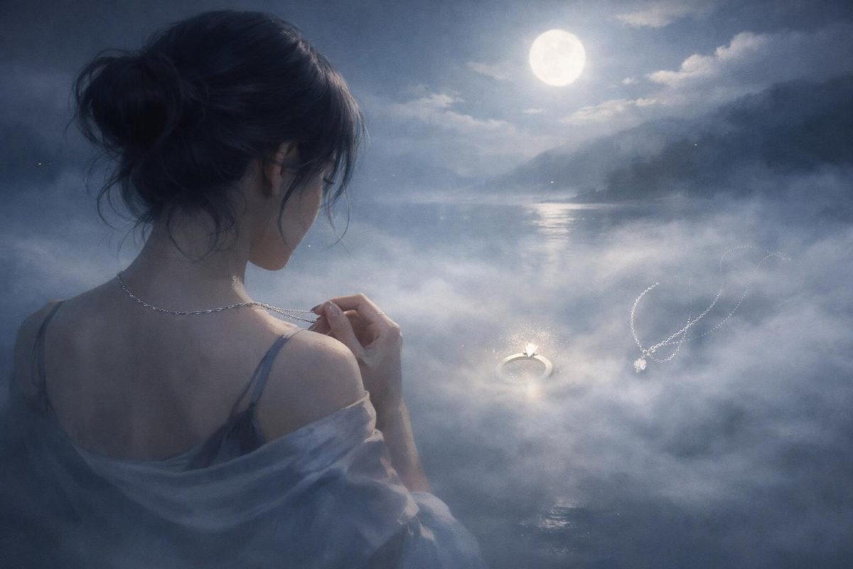 Symbolic dreamlike illustration of someone realising their jewellery is missing in a soft moonlit scene