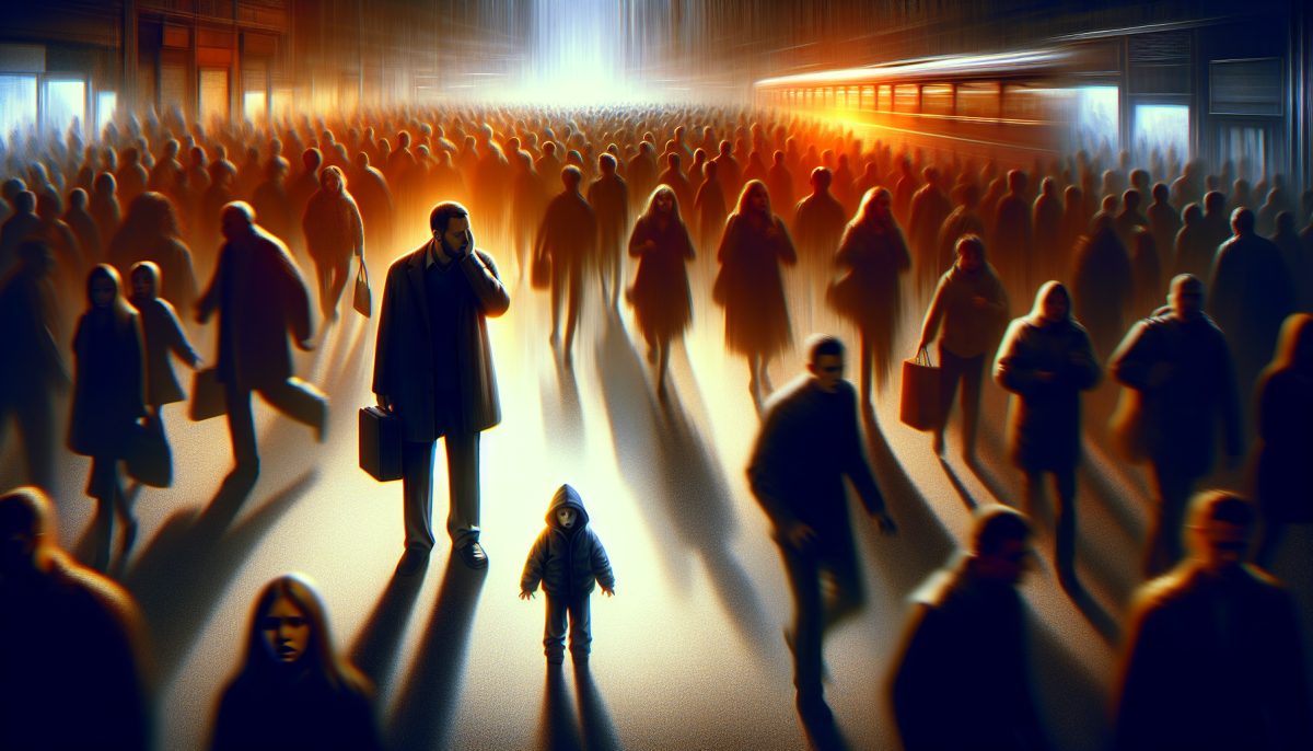 Symbolic illustration of a parent anxiously searching for a child in a crowded public place