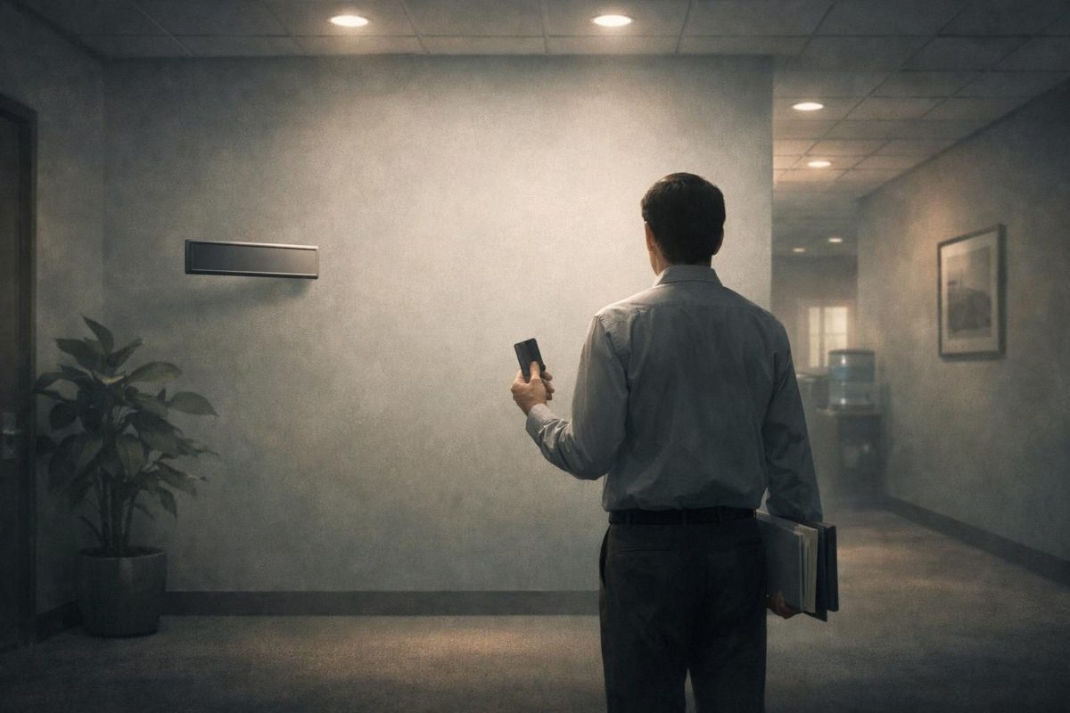Symbolic illustration of a person in an office hallway where their office has disappeared