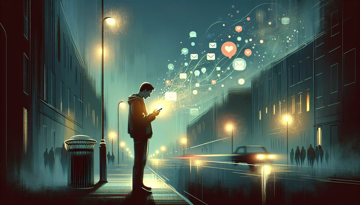 A symbolic illustration of a person searching for a lost phone in a twilight setting with fading message icons.