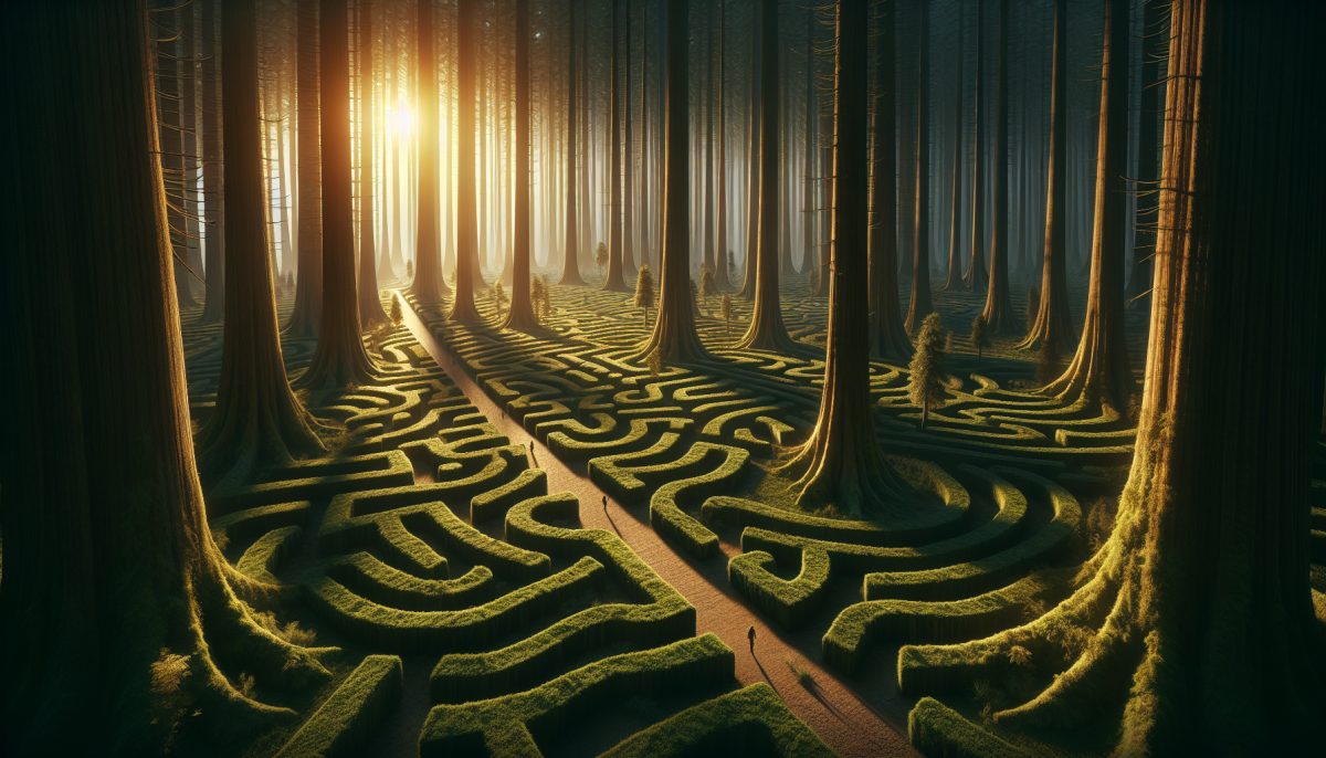 A tranquil forest maze symbolizing mystery and self-discovery.