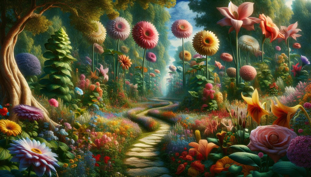 A vast garden filled with oversized flowers and intricate pathways, symbolizing exploration and discovery.
