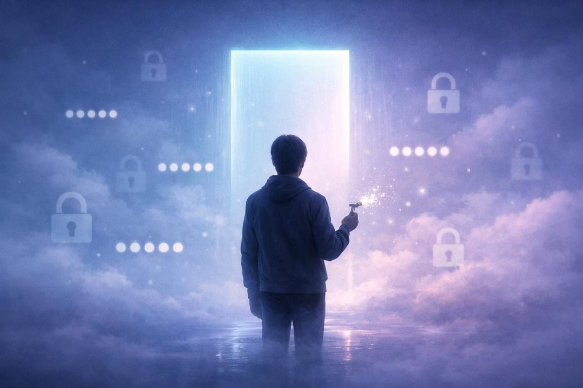 Symbolic illustration of a person facing a glowing digital doorway with lock and password imagery