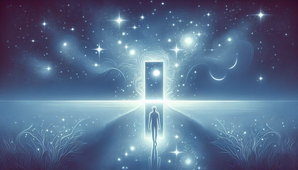 Symbolic illustration of a person becoming aware inside a dream in a moonlit surreal landscape