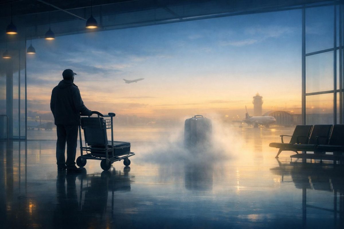 A traveler in an airport watches a suitcase disappear into mist beside an empty luggage cart.