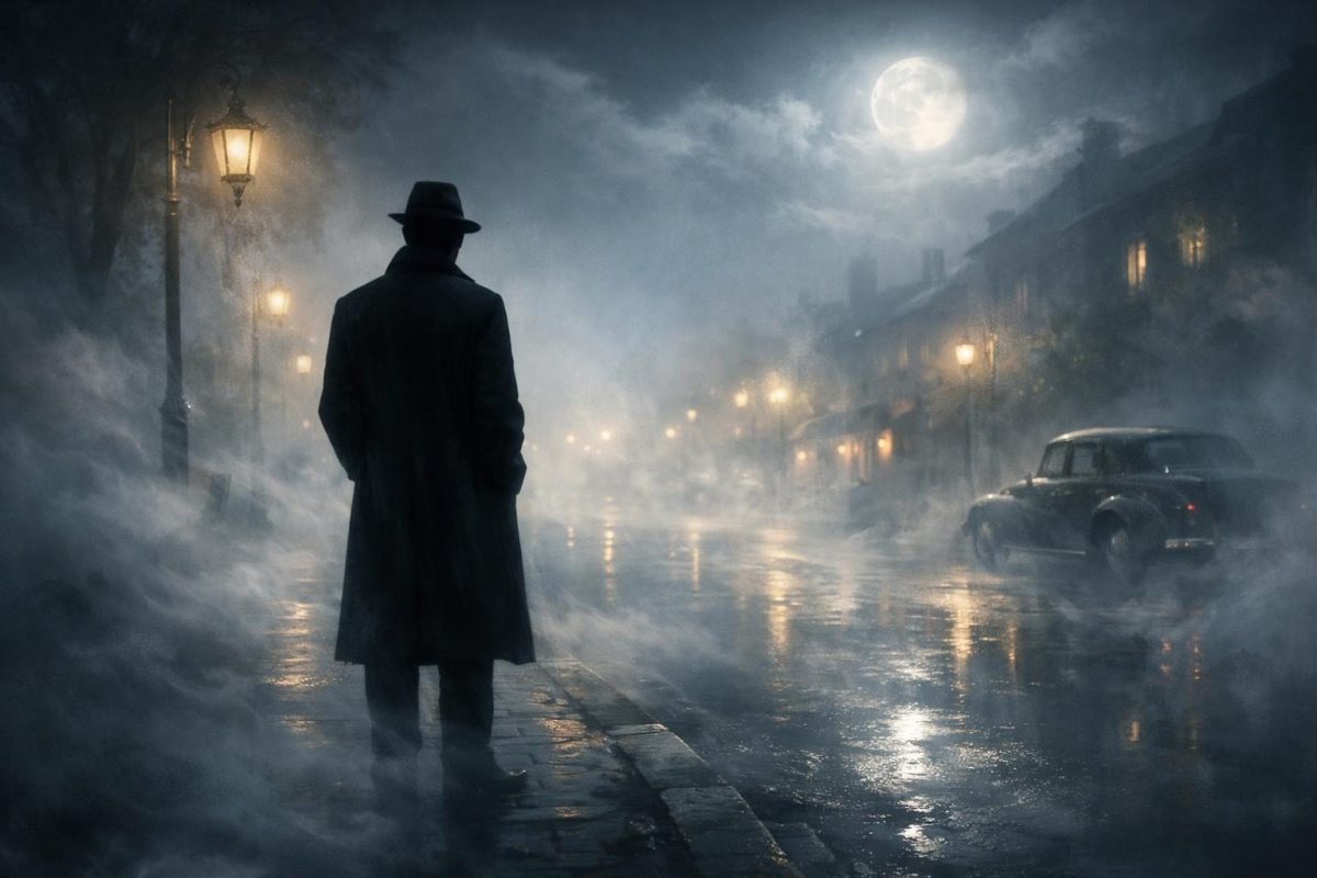Symbolic illustration of a faceless man in a misty dreamlike setting at night