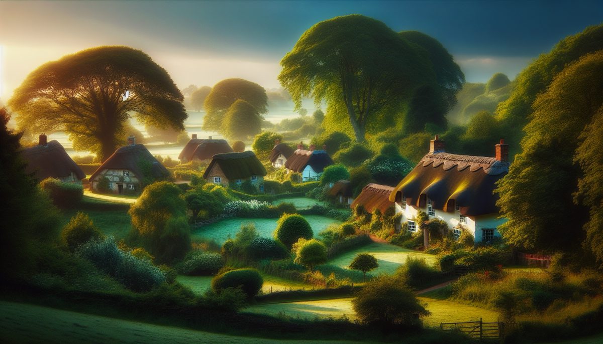 A peaceful village scene depicting cottages surrounded by nature.