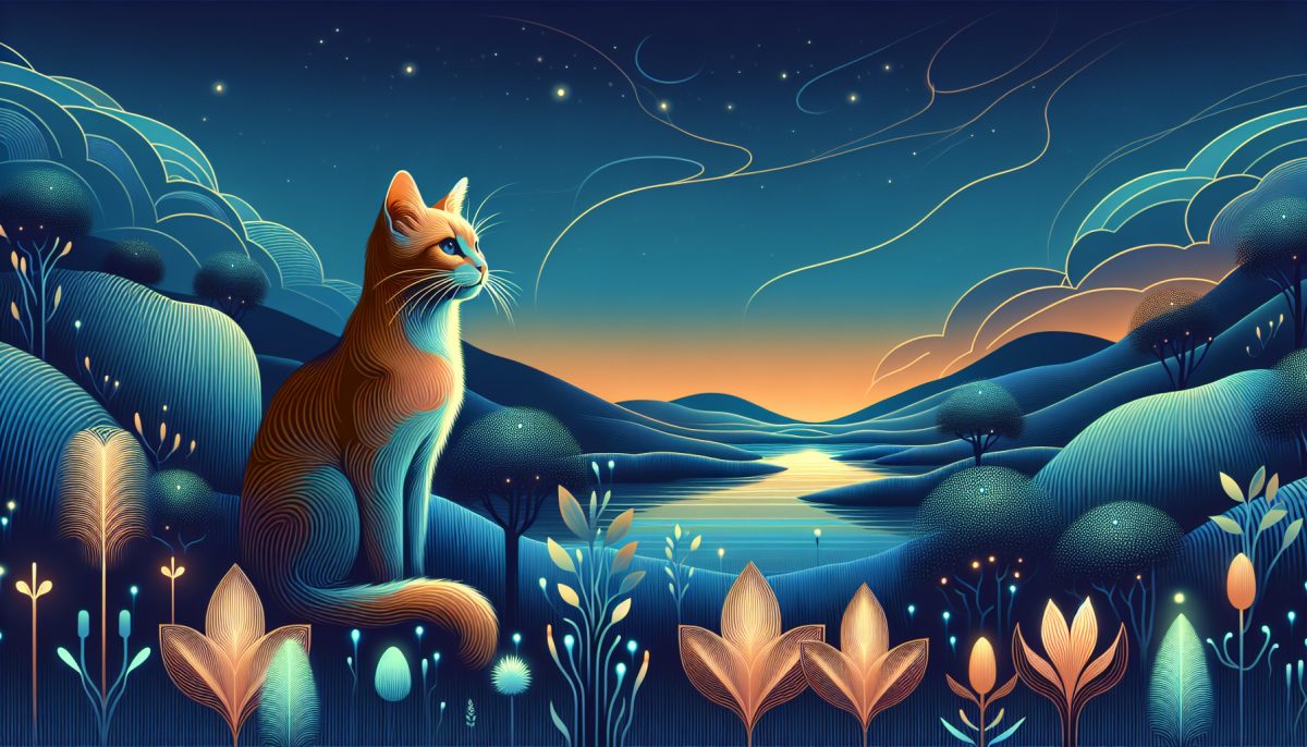 A serene cat lounging in a whimsical dreamlike landscape, symbolizing tranquility and introspection.