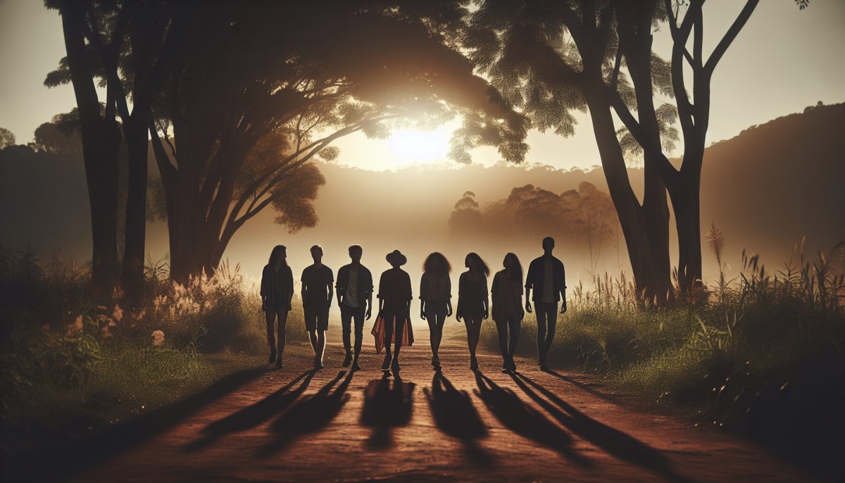 Silhouettes of friends walking together in a serene landscape.