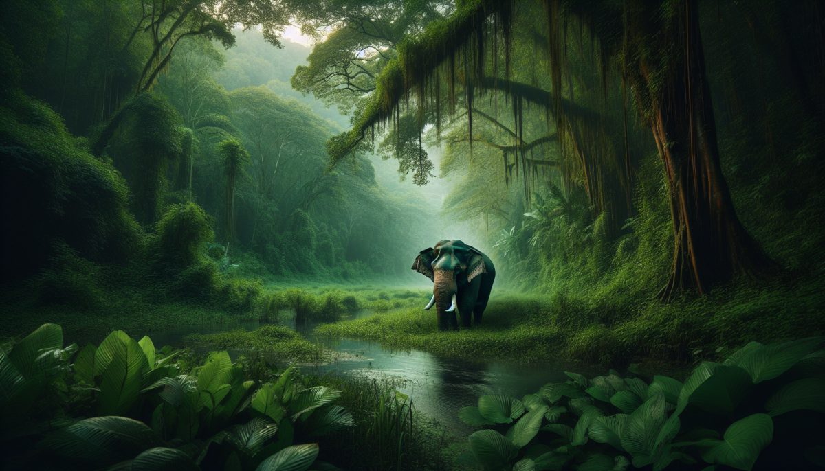 A majestic elephant walking through a lush jungle, symbolising wisdom and strength.