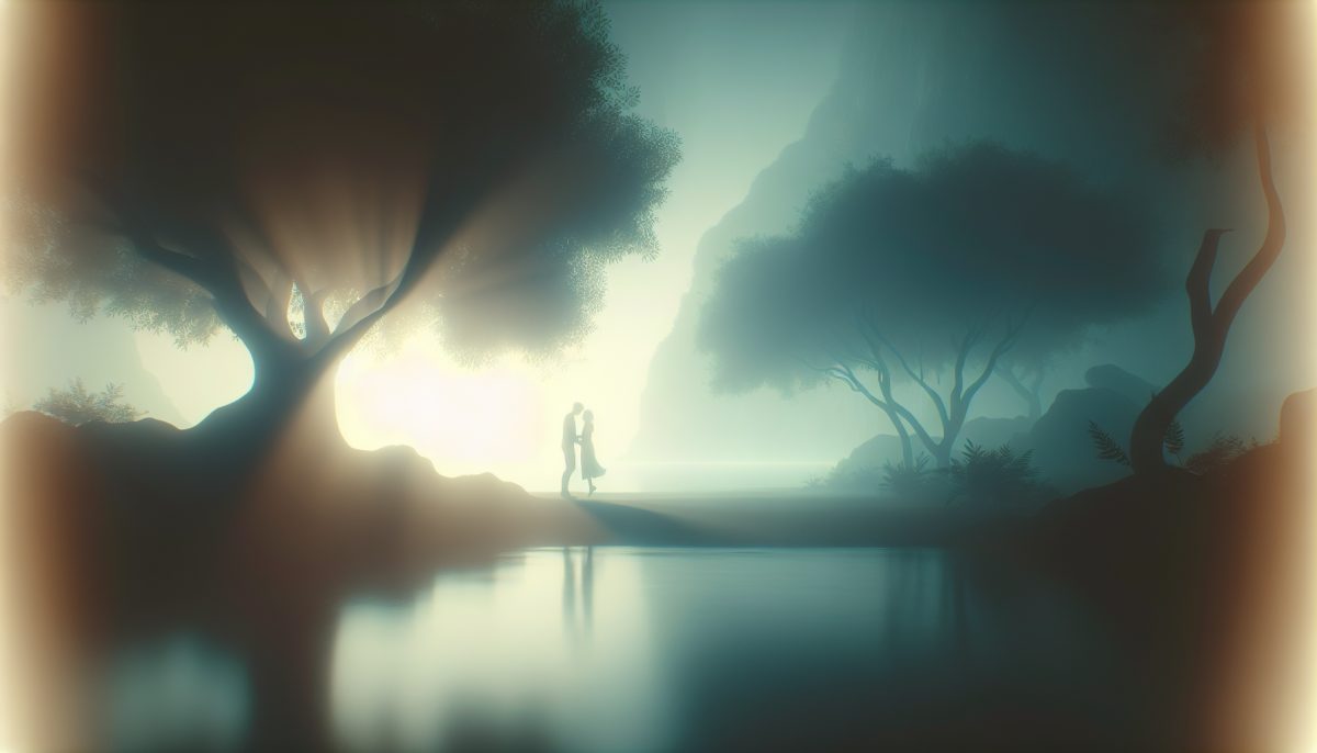Silhouettes of two figures about to kiss in a dreamlike setting.