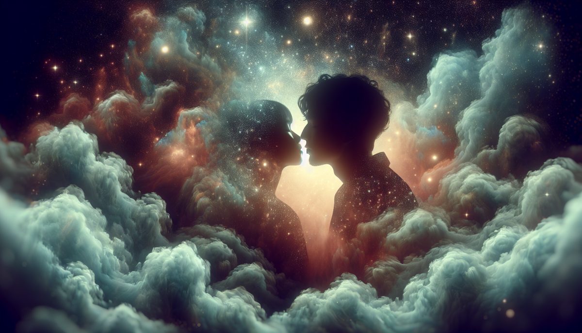An ethereal kiss between two silhouettes in a dreamy landscape.