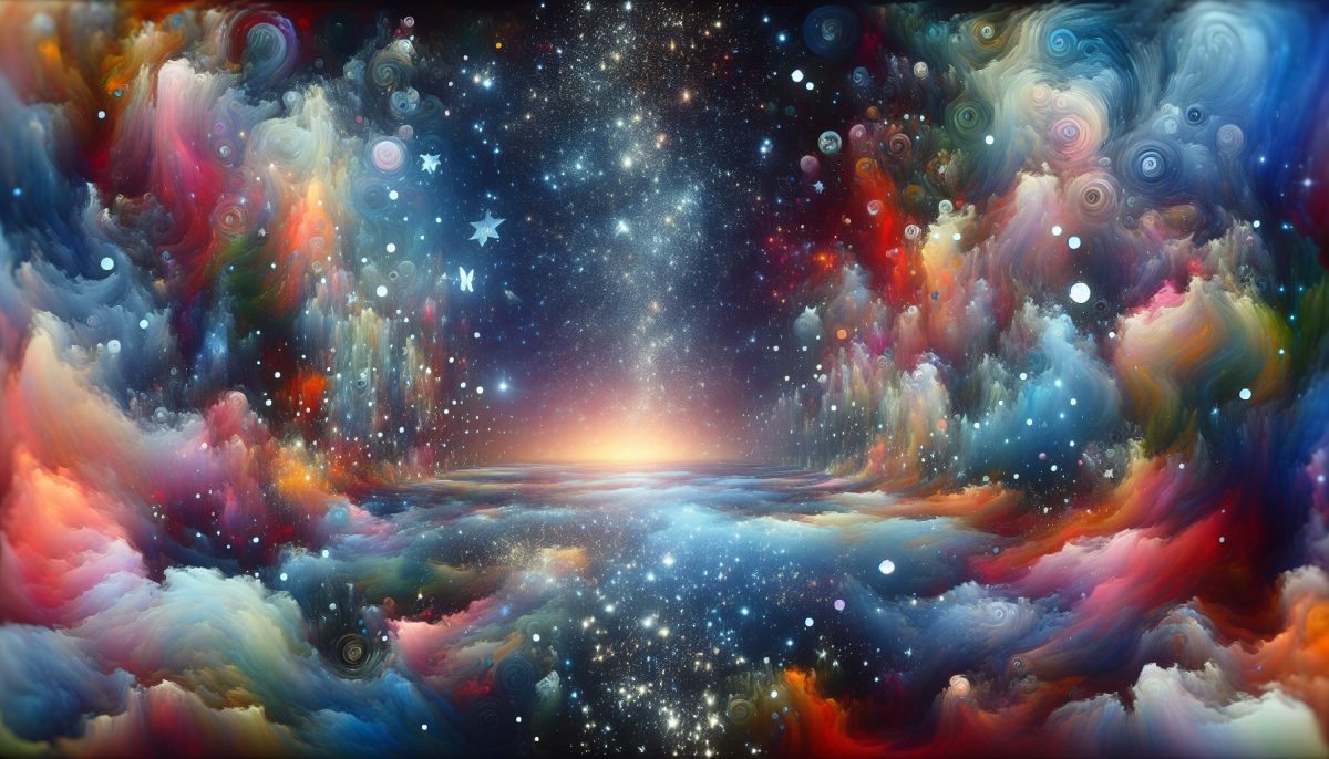 An abstract representation of a dreamscape with paintings and a starry sky.