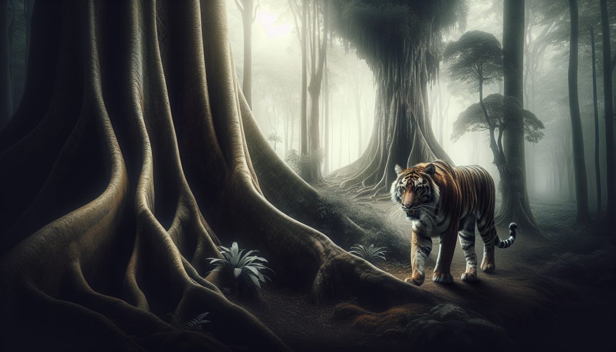 A tiger in a misty forest, representing strength and mystery in dreams.