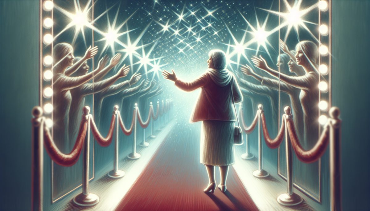 Symbolic illustration of a person meeting a celebrity under soft lights and star-like flashes