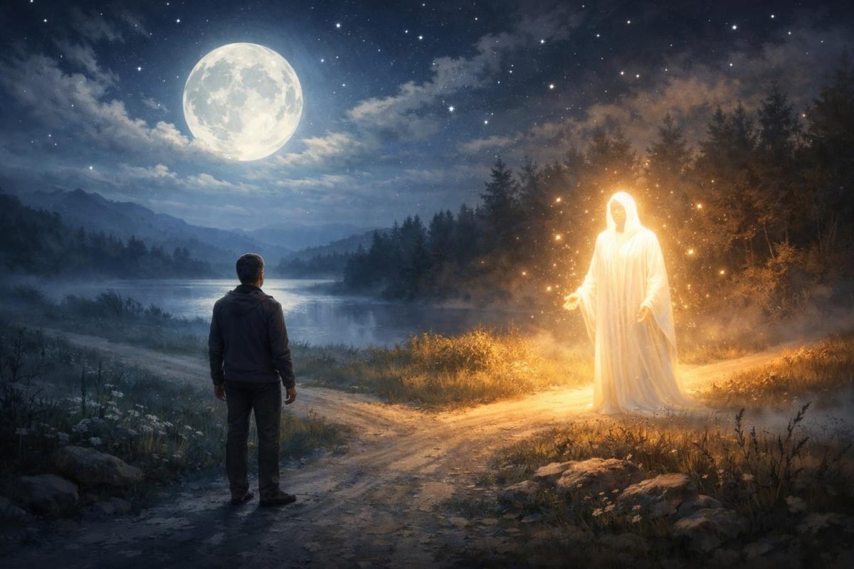 A dreamer meeting a glowing guide figure at a moonlit crossroads in a symbolic landscape