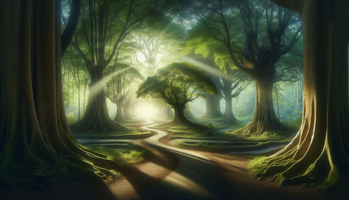 A peaceful path through a mystical forest, representing ancestral connections.