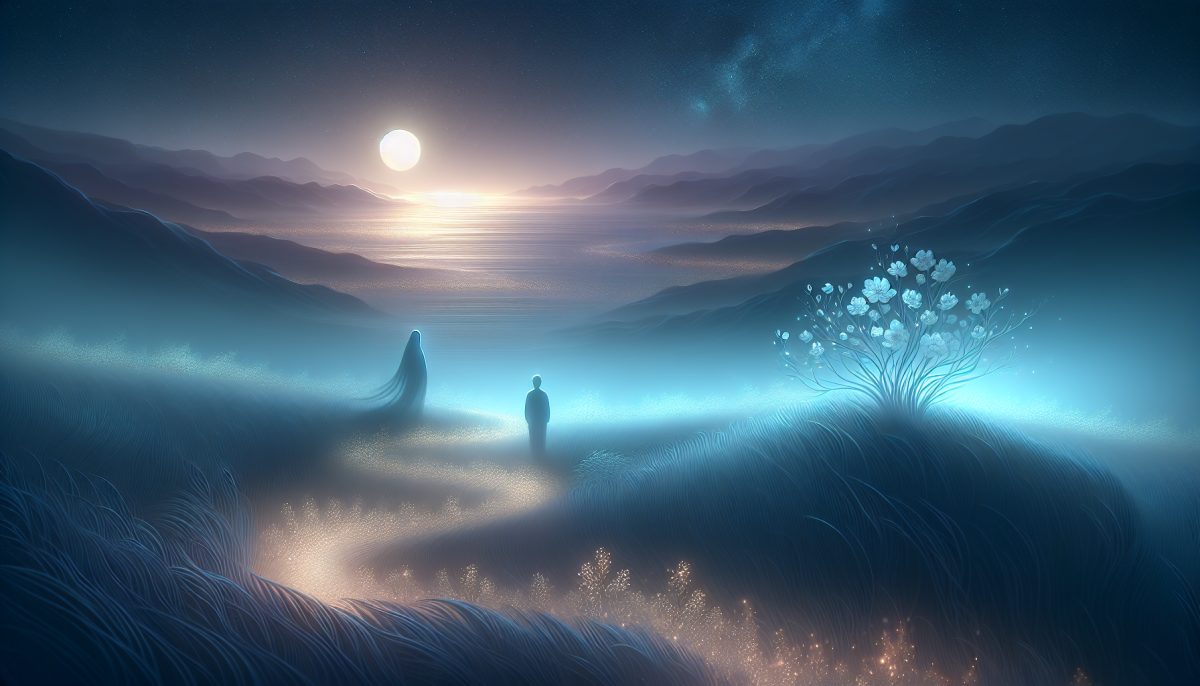 Symbolic illustration of a dreamlike meeting between a person and a departed loved one in a calm moonlit landscape