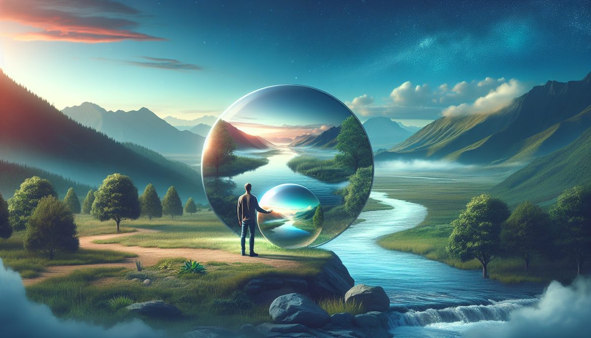 A person looking into a mirror that reflects their future self in a tranquil setting.