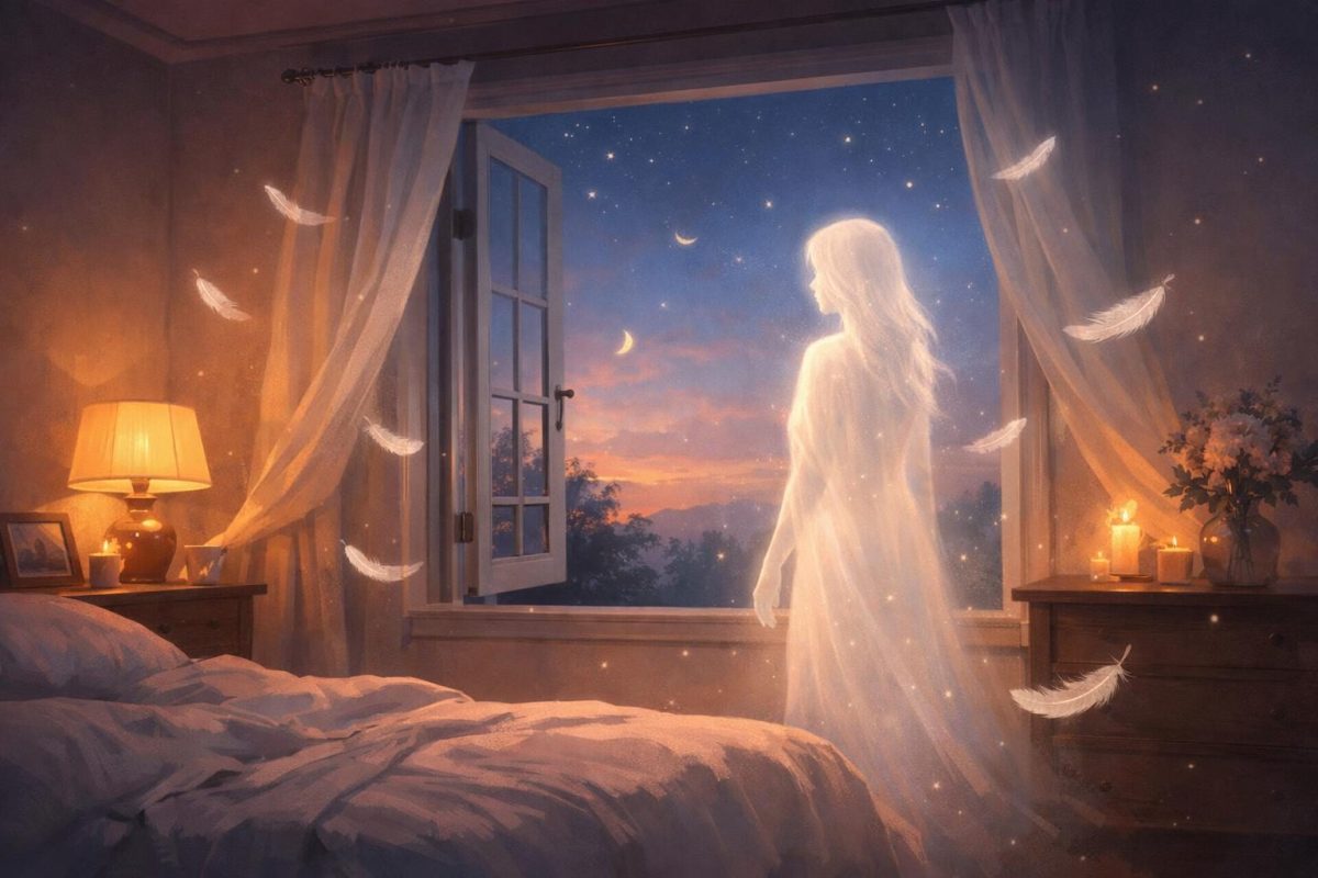 Symbolic illustration of a dreamlike room with a glowing departed loved one bringing a peaceful message