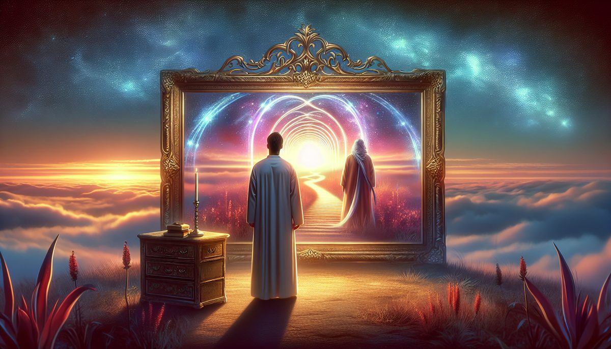 A person looking into a mirror that reflects a future version of themselves in a symbolic glowing landscape