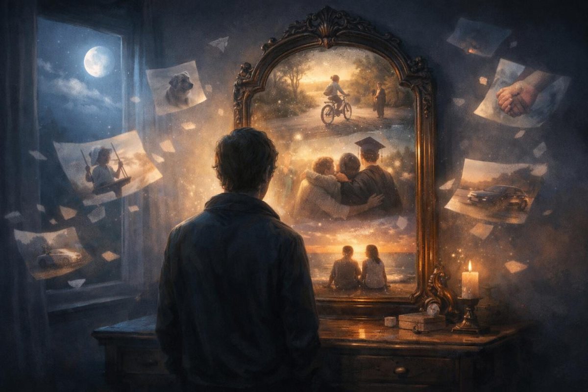 A person looking into an antique mirror that reflects scenes from their past instead of their current appearance.