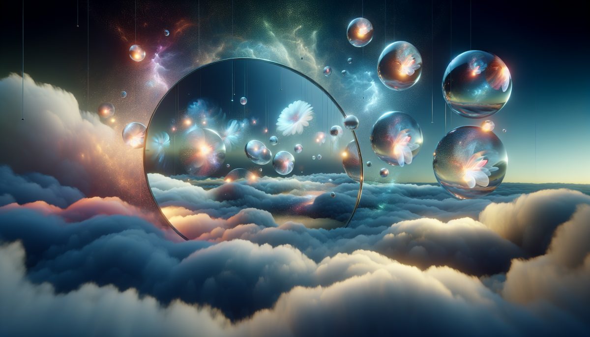 A dreamlike scene of floating mirrors suspended in dark space, symbolising reflection, identity, and hidden truth.