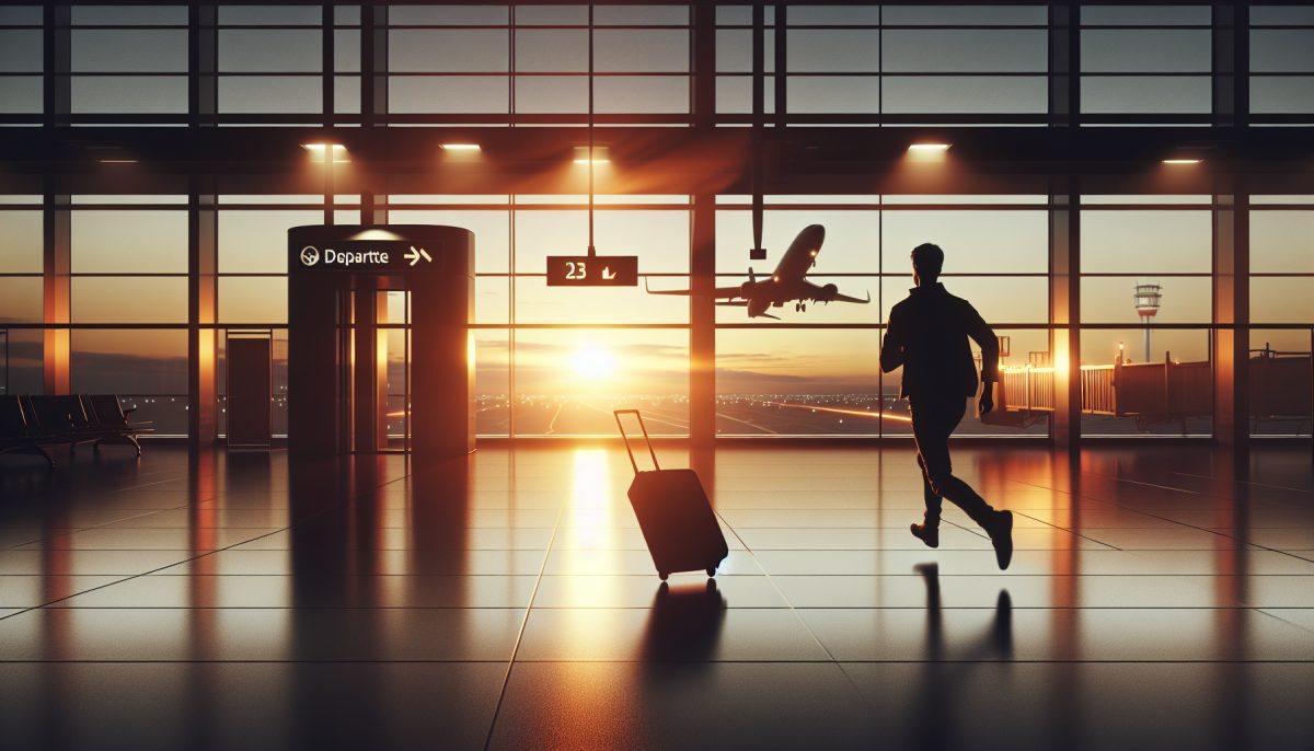 Symbolic illustration of a traveller missing a flight in an airport at twilight
